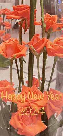 a bunch of orange roses in a vase with the year 2024