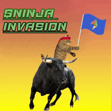 a cat riding on the back of a bull with the words ninja invasion written above it