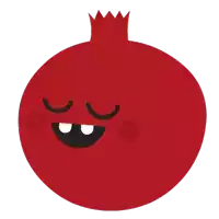 a cartoon illustration of a pomegranate with its eyes closed and a smiling face