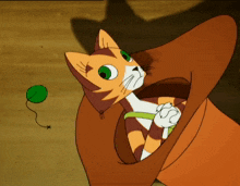 a cartoon cat with green eyes is playing with a ball