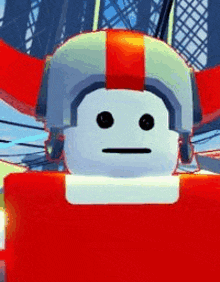 a red and white robot with a helmet on is making a funny face in a video game .