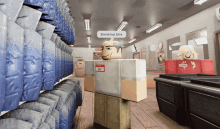 a video game character says breaking blox while standing in a store