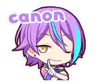 a cartoon of a girl with purple hair and the word canon on top