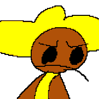 a pixel art drawing of a cartoon character with a yellow hat on