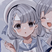 two anime girls with gray hair are standing next to each other and one has a surprised look on her face