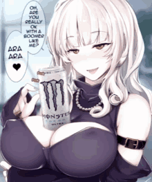 a monster energy drink is being held by a girl with huge breasts