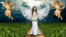 a woman in a white dress with angel wings holding a sword in a field