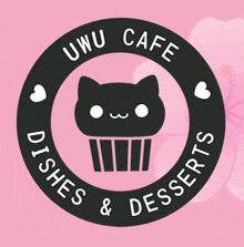 a logo for a cafe called uwu cafe dishes and desserts with a cat on a pink background .