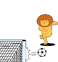 a cartoon of a lion kicking a soccer ball into a goal