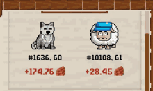 a pixel art illustration of a wolf and a sheep with numbers on them .