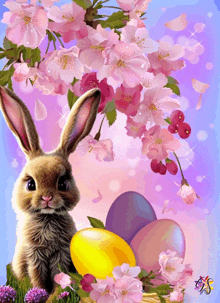 a picture of a bunny rabbit with easter eggs and pink flowers