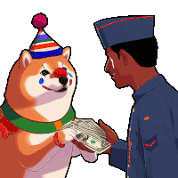 a cartoon of a dog wearing a clown hat giving money to a man in a uniform