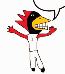 a cartoon drawing of a bird with the letter h on his shirt