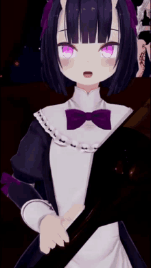 a girl with purple eyes and a bow tie is holding a sword