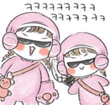 a drawing of two girls wearing pink hats and sunglasses says eeeeeeee