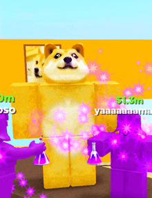 a doge in a video game is surrounded by purple figures and says yaaaaama