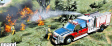 a fire truck is spraying water on a fire in a game