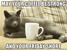 a cat is laying on a couch next to a cup of coffee and a meme that says may your coffee be strong and your friday short