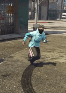 a man wearing a mask is running down a street in front of a big gun sign