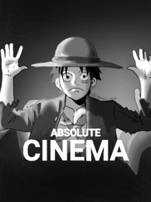 a black and white drawing of monkey d luffy with the words absolute cinema above him