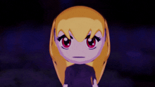 a cartoon character with blonde hair and red eyes is standing in the dark