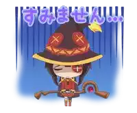 a girl in a witch hat is holding a cane in front of a sign that says " すみません "