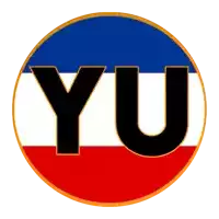 a red white and blue circle with the letter yu inside