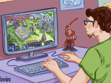 a cartoon of a man playing a game on a computer with the word rewire on the bottom