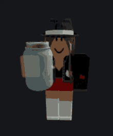 a girl in a hat is holding a jar