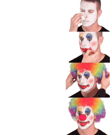 a man in a clown costume is applying makeup on his face