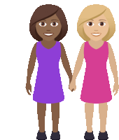 a cartoon of two women holding hands with one wearing a pink dress