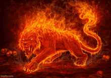 a painting of a lion surrounded by flames and skulls with the url imgflip.com at the bottom