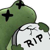 a frog is holding a gravestone with the word rip on it