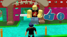 a boy is standing in front of a giant roblox character with a thumbs up .