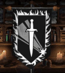 a black and white banner with a sword and flame on it