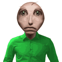 a man in a green shirt with a cartoon face on his head