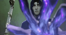 a man in a hood is holding a sword in front of a purple flower .