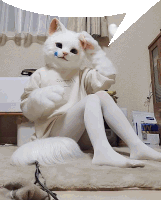 a person dressed as a cat is sitting on a carpet