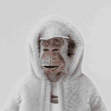 a monkey wearing a white fur coat has a tattoo on his face that says " bad boy "