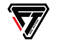 a black and white logo for jiu jitsu with a red stripe on the bottom