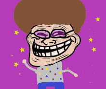 a cartoon of a troll with glasses and a big afro on a purple background