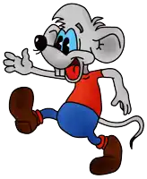 a cartoon mouse is wearing a red shirt and blue jeans