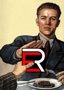 a painting of a man refusing a plate of food with the letter r in red