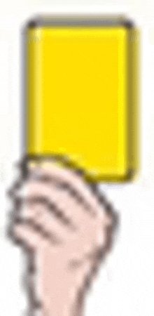 a cartoon hand is holding a yellow card .