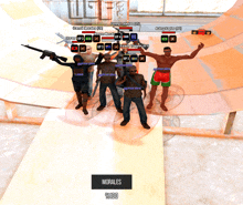 a group of people standing on a ramp in a video game with the words morales % 100 on the bottom