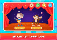 a boy is playing a guitar and a monkey is dancing on a stage with the words instruments and sounds on the bottom