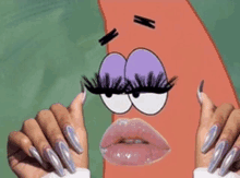 a spongebob squarepants character with long nails and false eyelashes