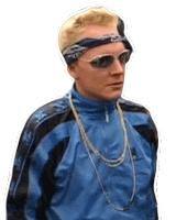 a man wearing a bandana , sunglasses , and a blue jacket .