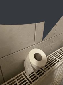 a roll of toilet paper sitting on a radiator next to a wall