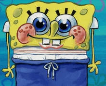 a cartoon drawing of spongebob wearing a pair of blue shorts